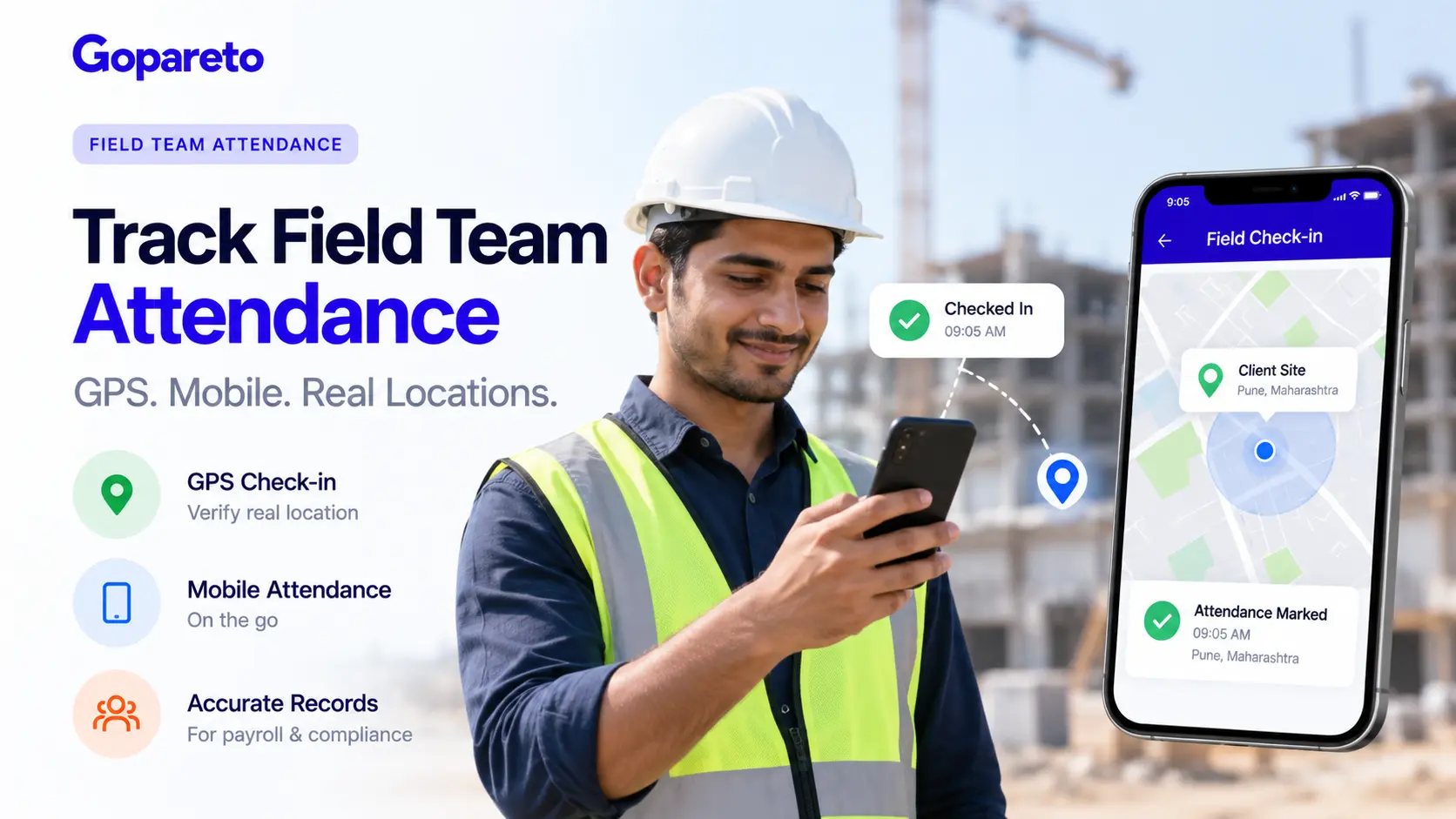 Field team attendance tracking: mobile GPS check-in system, QR code verification, and real-time dashboard for distributed field operations management