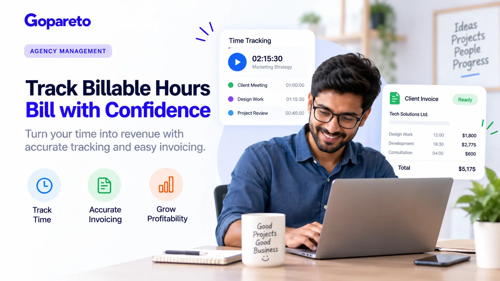 Billable hours tracking for agencies: integrated time tracking and invoicing system showing project profitability, client billing accuracy, and revenue optimization