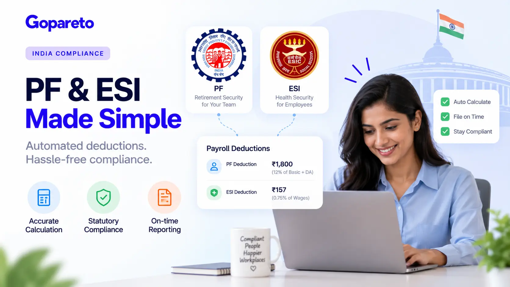 PF and ESI compliance with HRMS in India: automated payroll calculation showing statutory deductions, filing deadlines, EPFO/ESIC compliance, and audit-ready documentation