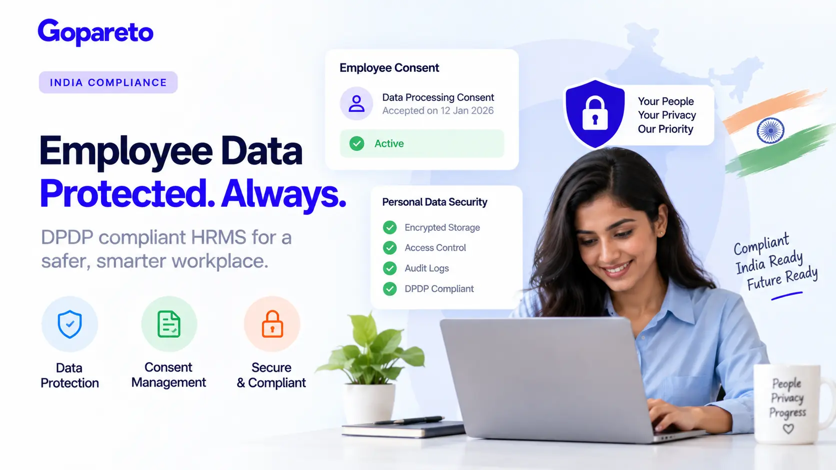 DPDP compliance for HRMS in India: employee data protection showing consent management, encryption, access controls, and audit-ready compliance documentation